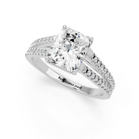 White gold Radiant Solitaire Split Shank Pavé Diamond Engagement Ring