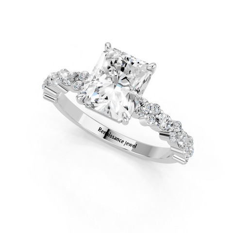 Platinum Radiant Solitaire with Side Stones, Pave Band, Four-Prong Setting