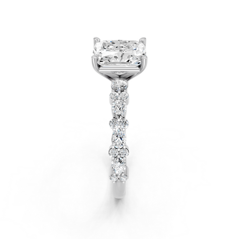 Platinum Radiant Solitaire with Side Stones, Pave Band, Four-Prong Setting
