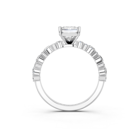 Platinum Radiant Solitaire with Side Stones, Pave Band, Four-Prong Setting