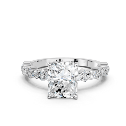 Platinum Radiant Solitaire with Side Stones, Pave Band, Four-Prong Setting
