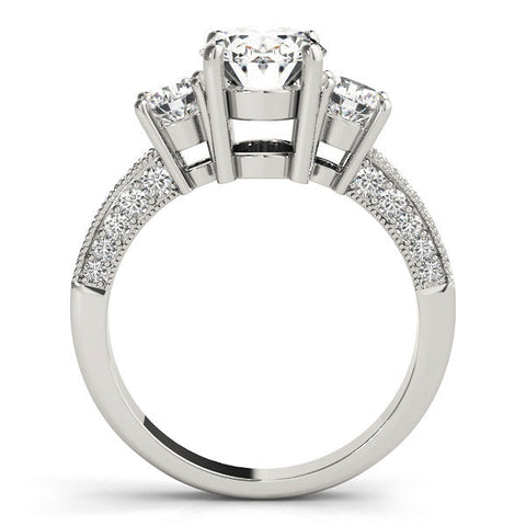 Platinum Oval Three-Stone Diamond Ring with Pavé Band and Four-Prong Setting