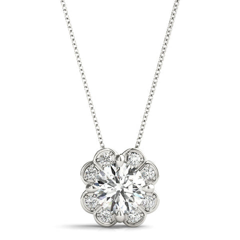 White gold Round Amethyst Flower Halo Pendant with Four-Prong Setting