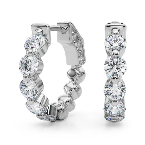 Silver Round Brilliant Diamond Inside-Out Hoop Earrings with Shared Prong Setting