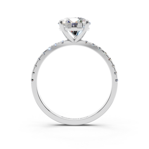 White gold Round Brilliant Solitaire with Pavé Band and Four-Prong Setting