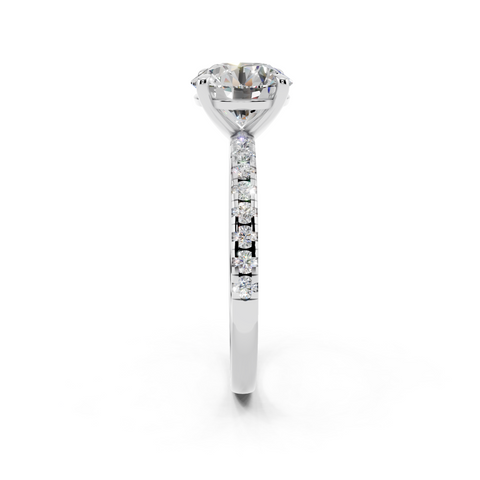 White gold Round Brilliant Solitaire with Pavé Band and Four-Prong Setting