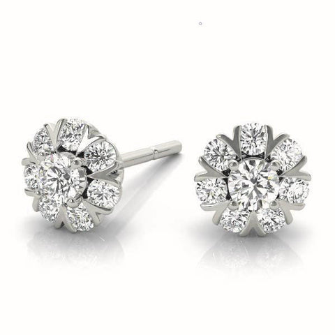 Silver Round Cluster Diamond Stud Earrings with Prong Setting