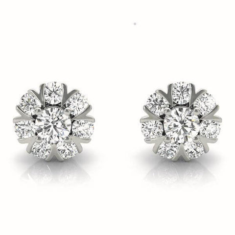 Silver Round Cluster Diamond Stud Earrings with Prong Setting