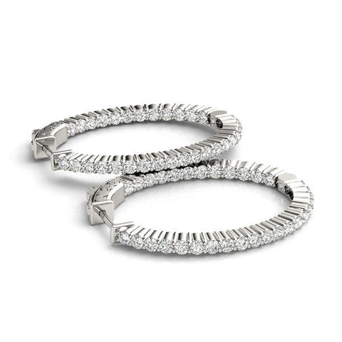 Silver Round Cut Diamond Hoop Earrings with Channel Setting and Four-Prong Setting