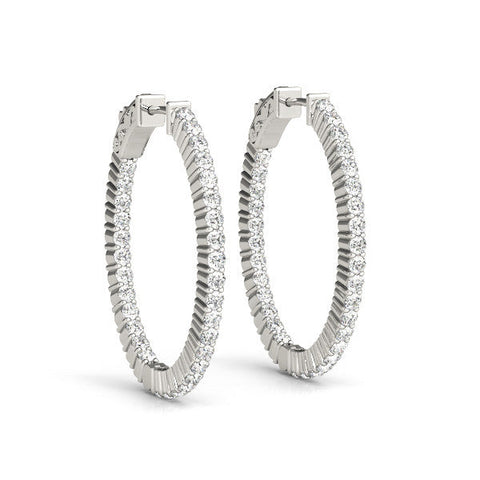 Silver Round Cut Diamond Hoop Earrings with Channel Setting and Four-Prong Setting
