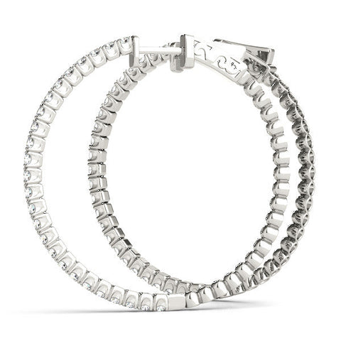 Silver Round Cut Diamond Hoop Earrings with Pavé Setting and Prong Set Stones