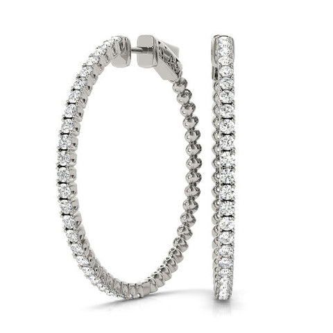 Silver Round Cut Diamond Hoop Earrings with Pavé Setting and Prong Set Stones