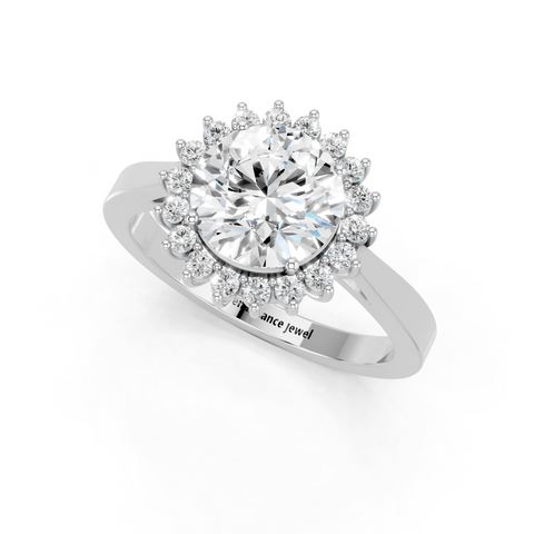 White gold Round Cut Diamond Pavé Band Solitaire Ring with Four-Prong Setting