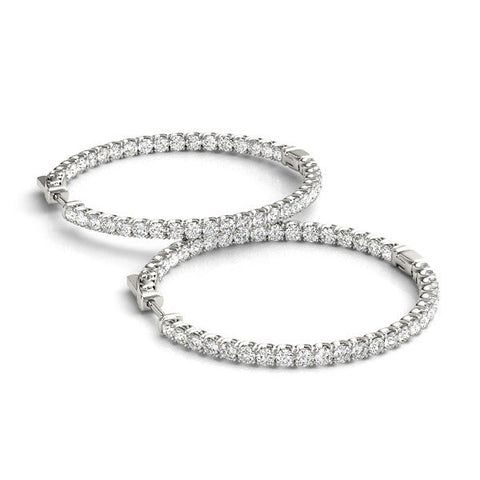 Silver Round Cut Diamond Pave Hoop Earrings with Shared Prong Setting