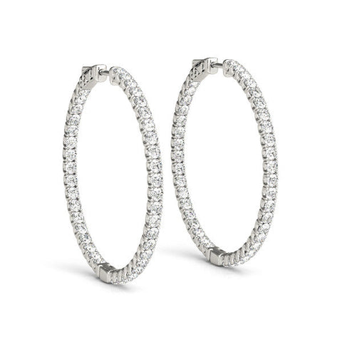 Silver Round Cut Diamond Pave Hoop Earrings with Shared Prong Setting