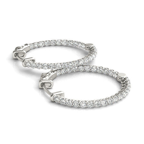 Silver Round Cut Pavé Diamond Hoop Earrings with Four-Prong Setting