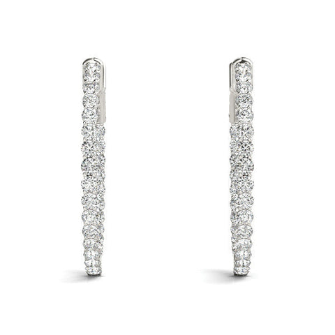 Silver Round Cut Pavé Diamond Hoop Earrings with Four-Prong Setting