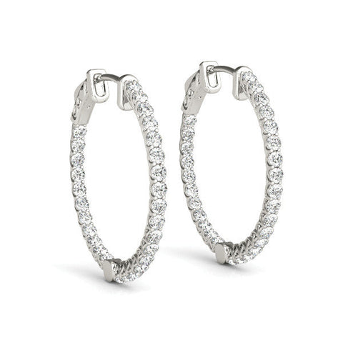 White gold Round Cut Pavé Diamond Hoop Earrings with Four-Prong Setting
