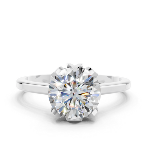 White gold Round Cut Solitaire Diamond Ring with Flower-Prong Setting and Classic Band