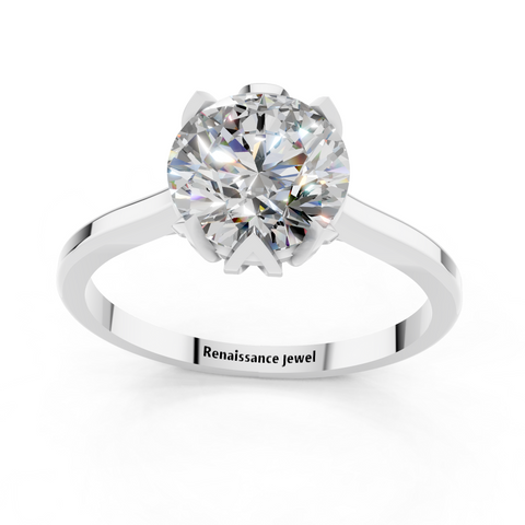 Platinum Round Cut Solitaire Diamond Ring with Flower-Prong Setting and Classic Band