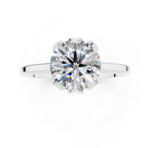 Platinum Round Cut Solitaire Diamond Ring with Flower-Prong Setting and Classic Band