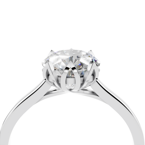 Platinum Round Cut Solitaire Diamond Ring with Flower-Prong Setting and Classic Band