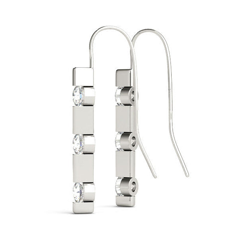 Silver Round Diamond Bar Drop Earrings with Bezel Setting