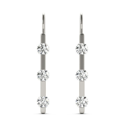 Silver Round Diamond Bar Drop Earrings with Bezel Setting