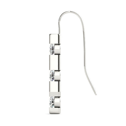 Silver Round Diamond Bar Drop Earrings with Bezel Setting