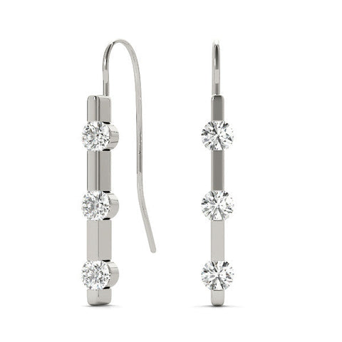 Silver Round Diamond Bar Drop Earrings with Bezel Setting
