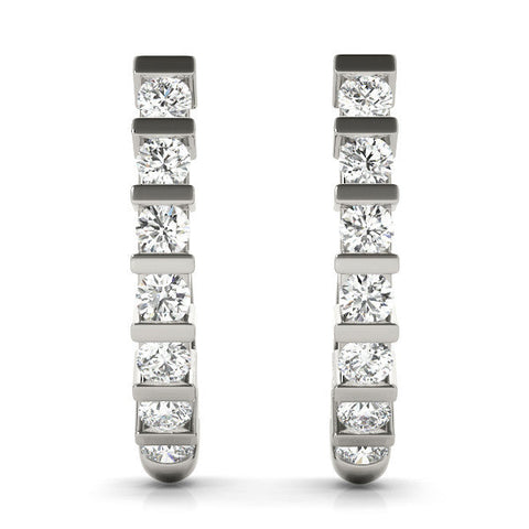 Silver Round Diamond Channel-Set Hoop Earrings with Bar Prong Setting