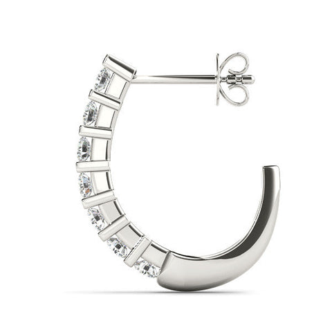 Silver Round Diamond Channel-Set Hoop Earrings with Bar Prong Setting