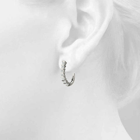Silver Round Diamond Channel-Set Hoop Earrings with Bar Prong Setting