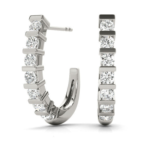 Silver Round Diamond Channel-Set Hoop Earrings with Bar Prong Setting