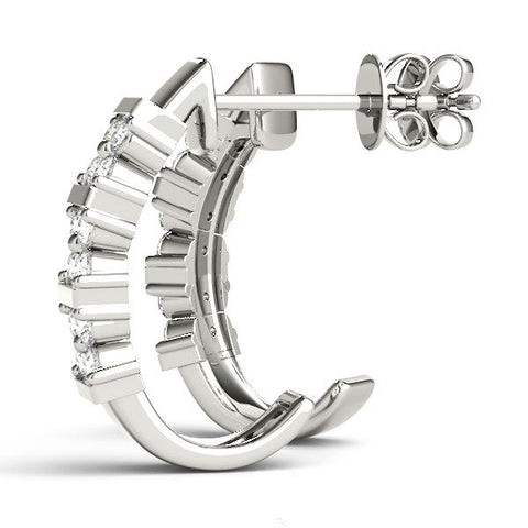 Silver Round Diamond Channel-Set Hoop Earrings with Four-Prong Setting