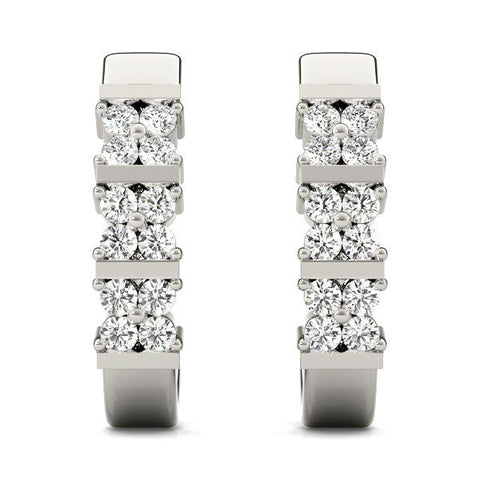 Silver Round Diamond Channel-Set Hoop Earrings with Four-Prong Setting
