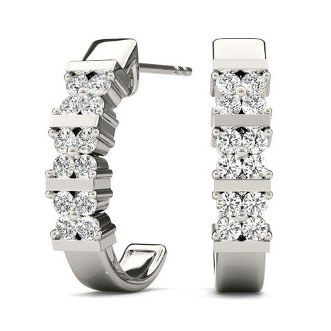 Silver Round Diamond Channel-Set Hoop Earrings with Four-Prong Setting
