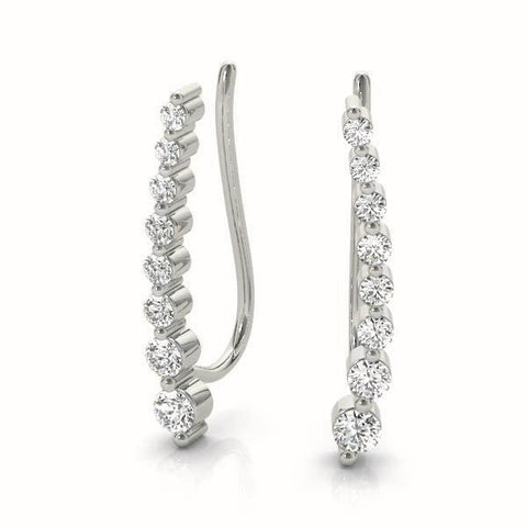Silver Round Diamond Climber Earrings with Prong Setting on Curved Band
