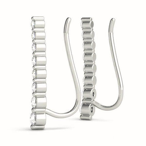 Silver Round Diamond Climber Earrings with Prong Setting on Curved Band