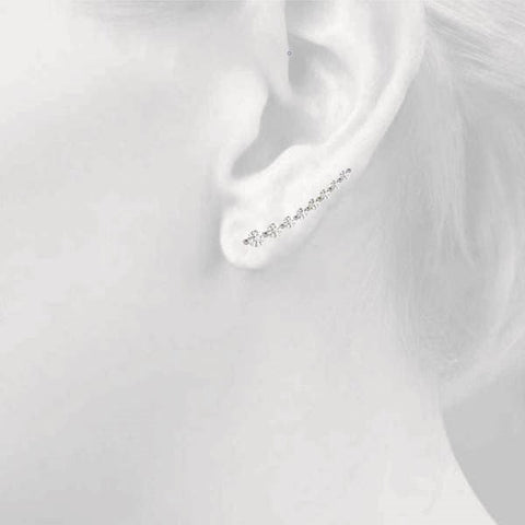 Silver Round Diamond Climber Earrings with Prong Setting on Curved Band