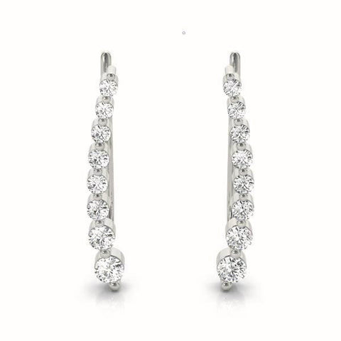 Silver Round Diamond Climber Earrings with Prong Setting on Curved Band