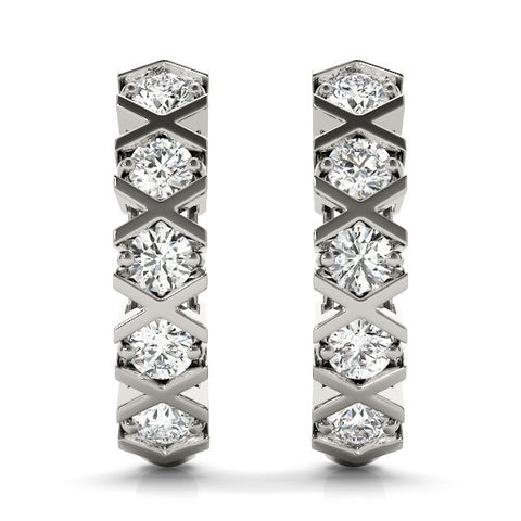 Silver Round Diamond Criss-Cross Prong Hoop Earrings