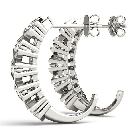 Silver Round Diamond Criss-Cross Prong Hoop Earrings