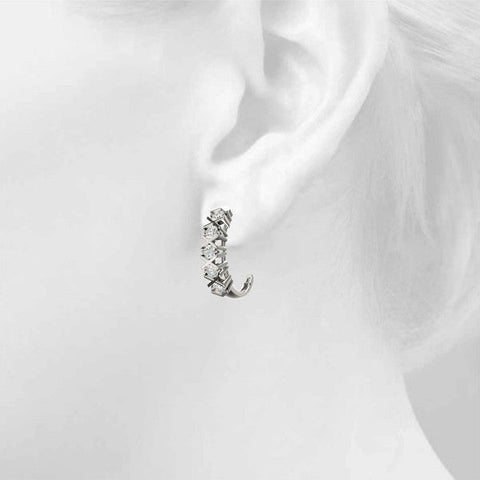 Silver Round Diamond Criss-Cross Prong Hoop Earrings