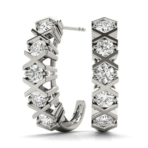 Silver Round Diamond Criss-Cross Prong Hoop Earrings