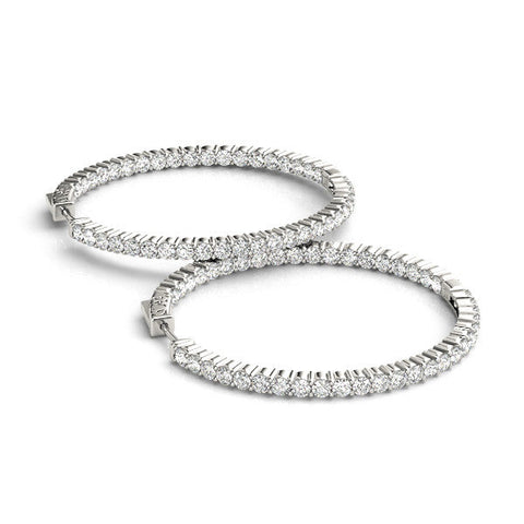 White gold Round Diamond Eternity Hoop Earrings with Pavé Setting and Shared Prong