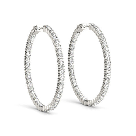 Silver Round Diamond Eternity Hoop Earrings with Pavé Setting and Shared Prong