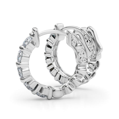 Silver Round Diamond Eternity Hoop Earrings with Scalloped Band and Four-Prong Setting