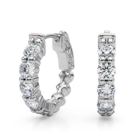 Silver Round Diamond Eternity Hoop Earrings with Scalloped Band and Four-Prong Setting