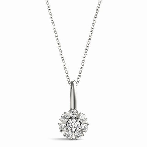 Silver Round Diamond Floral Cluster Pendant with Prong Setting